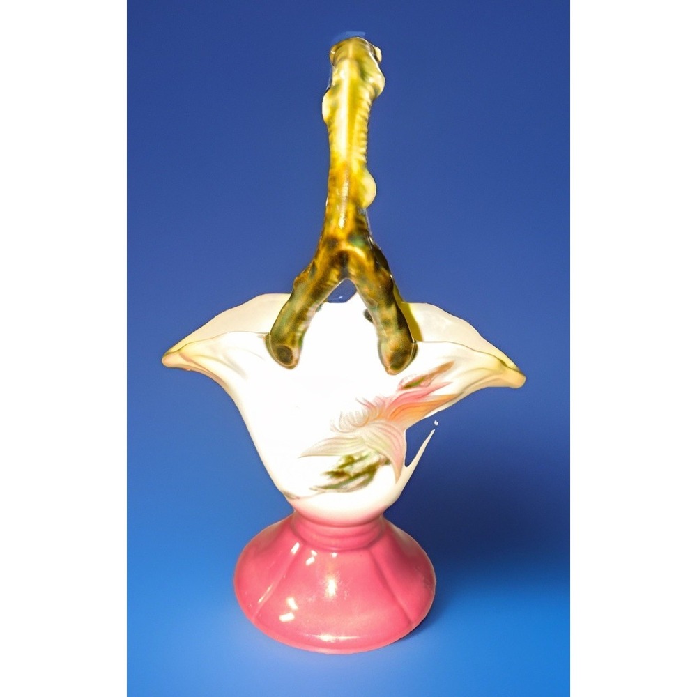 Vintage Hull Pottery Woodland Vase 8¾" Pink Floral Branch Handle Pedestal USA